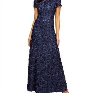 Alex Evenings Navy Rosette with lace and sequins evening gown size 18